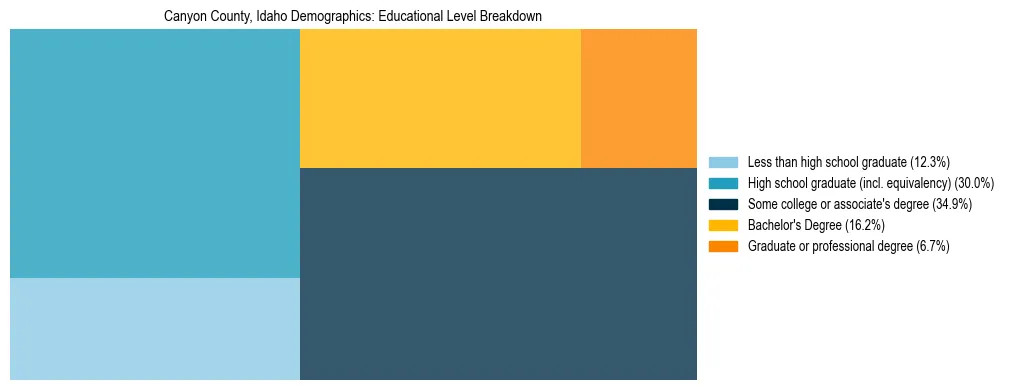 Treemap chart illustrating the educational attainment breakdown for population 25 years and over in Canyon County, Idaho.