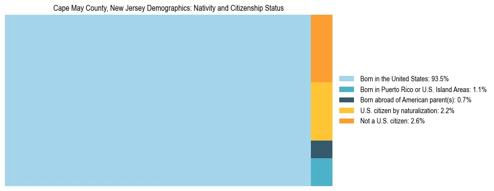Treemap showing the population distribution by nativity and citizenship status in Cape May County, New Jersey based on U.S. Census data.