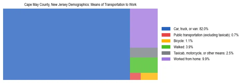 Treemap showing means of transportation to work distribution in Cape May County, New Jersey.