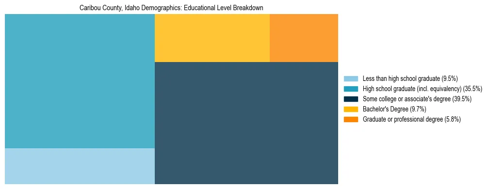Treemap chart illustrating the educational attainment breakdown for population 25 years and over in Caribou County, Idaho.