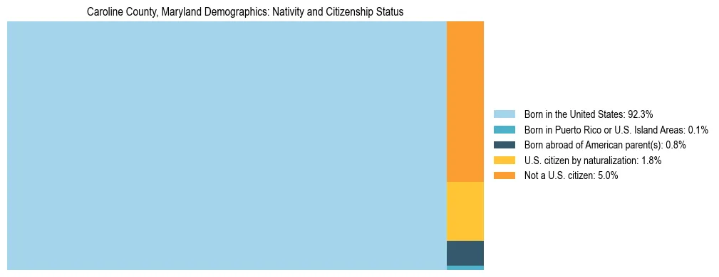 Treemap showing the population distribution by nativity and citizenship status in Caroline County, Maryland based on U.S. Census data.