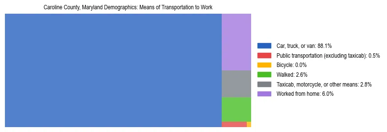 Treemap showing means of transportation to work distribution in Caroline County, Maryland.