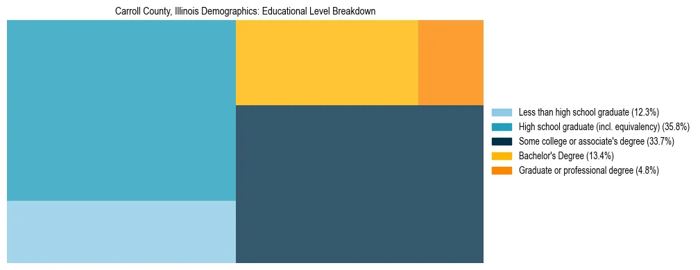 Treemap chart illustrating the educational attainment breakdown for population 25 years and over in Carroll County, Illinois.