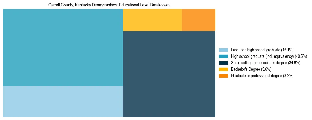 Treemap chart illustrating the educational attainment breakdown for population 25 years and over in Carroll County, Kentucky.