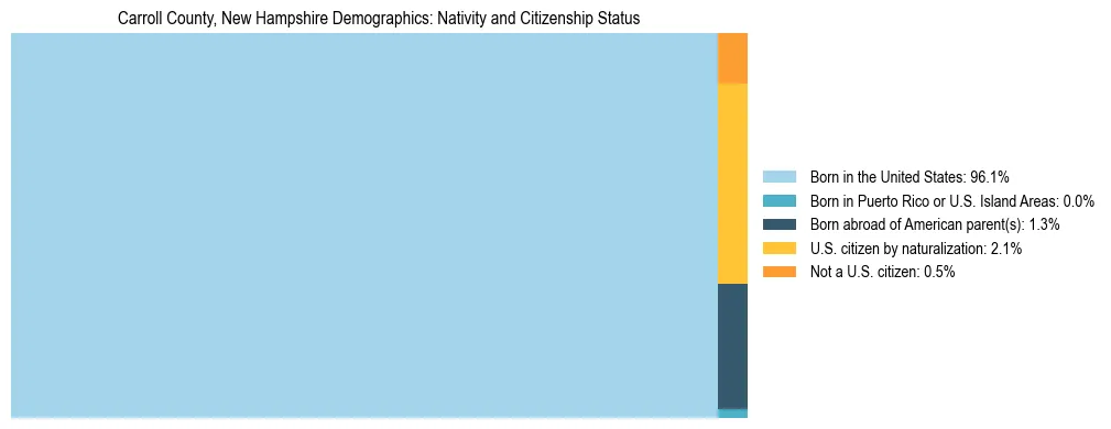 Treemap showing the population distribution by nativity and citizenship status in Carroll County, New Hampshire based on U.S. Census data.