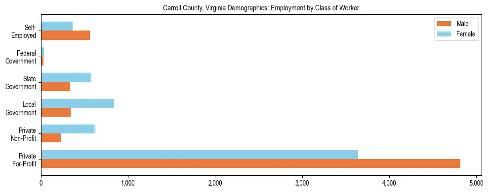 Horizontal bar chart showing employment distribution by class of worker and gender in Carroll County, Virginia, based on 2023 ACS data.