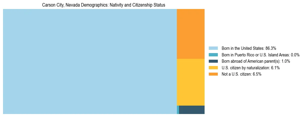 Treemap showing the population distribution by nativity and citizenship status in Carson City, Nevada based on U.S. Census data.
