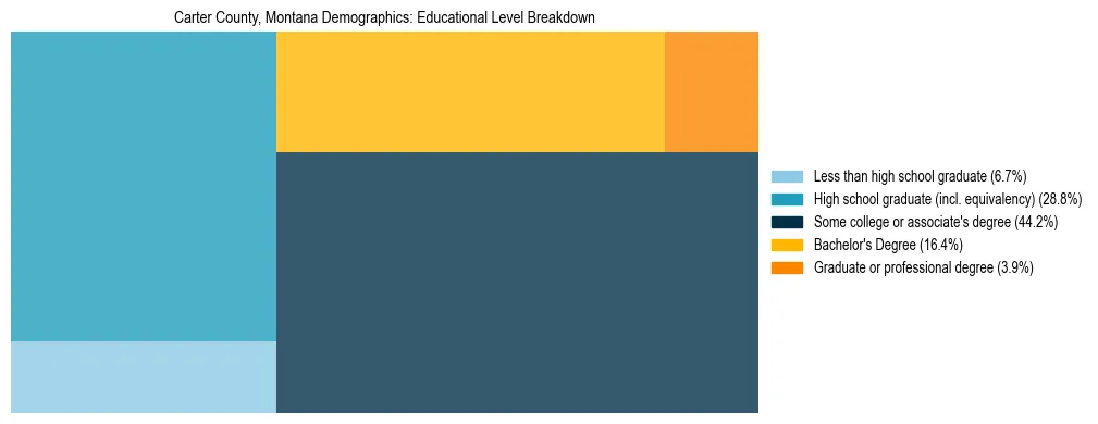 Treemap chart illustrating the educational attainment breakdown for population 25 years and over in Carter County, Montana.