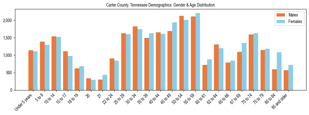 Bar chart showing the population distribution of Carter County, Tennessee by age group and gender, based on 2023 ACS data.