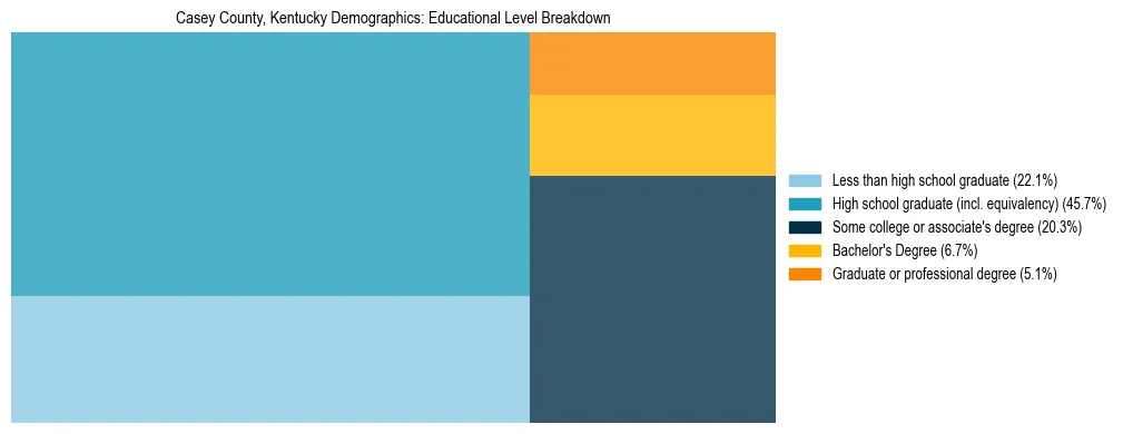 Treemap chart illustrating the educational attainment breakdown for population 25 years and over in Casey County, Kentucky.