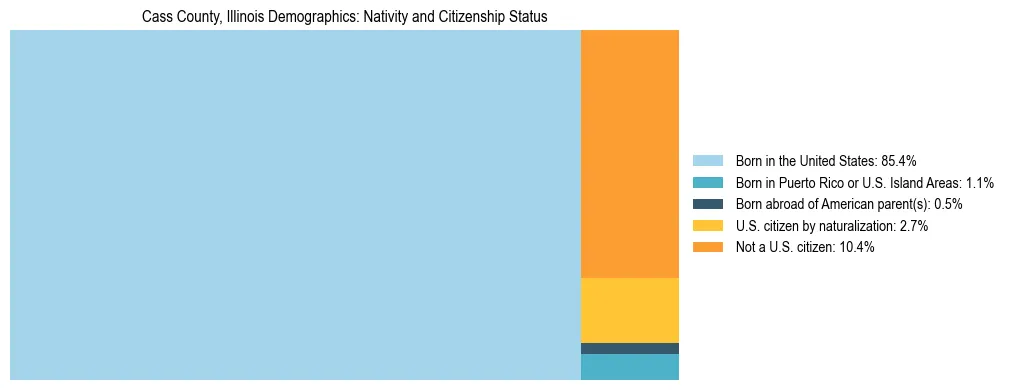 Treemap showing the population distribution by nativity and citizenship status in Cass County, Illinois based on U.S. Census data.