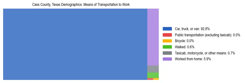 Treemap showing means of transportation to work distribution in Cass County, Texas.