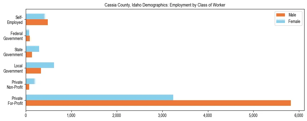 Horizontal bar chart showing employment distribution by class of worker and gender in Cassia County, Idaho, based on 2023 ACS data.