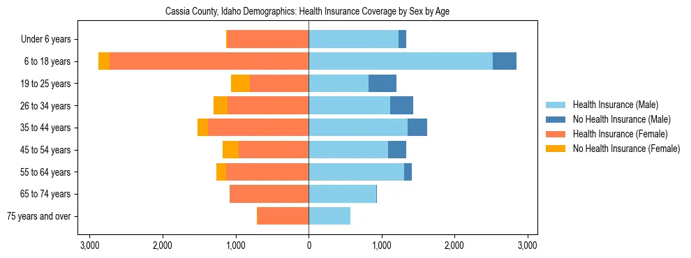 Pyramid chart showing health insurance coverage by age and sex in Cassia County, Idaho.