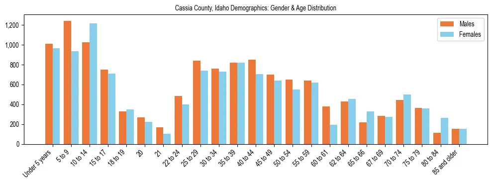 Bar chart showing the population distribution of Cassia County, Idaho by age group and gender, based on 2023 ACS data.