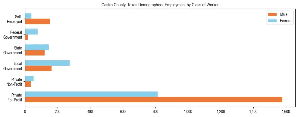 Horizontal bar chart showing employment distribution by class of worker and gender in Castro County, Texas, based on 2023 ACS data.