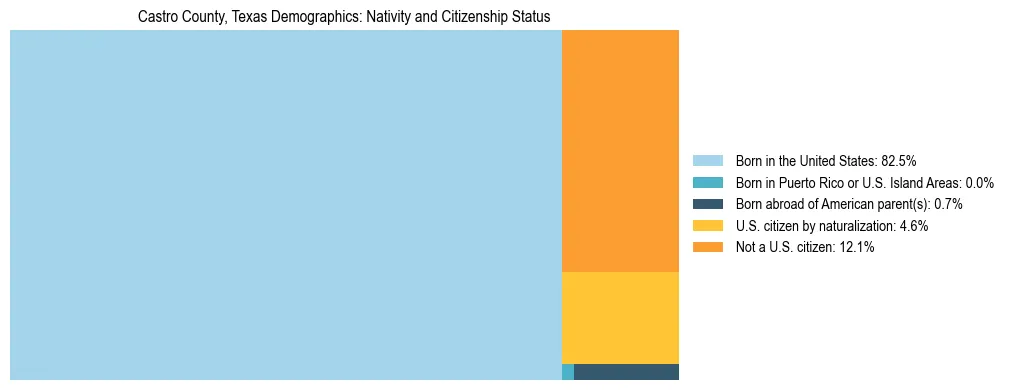 Treemap showing the population distribution by nativity and citizenship status in Castro County, Texas based on U.S. Census data.