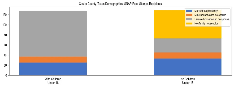 Stacked bar chart showing SNAP/Food Stamps recipient household composition by presence of children under 18 in Castro County, Texas, based on 2023 ACS data.