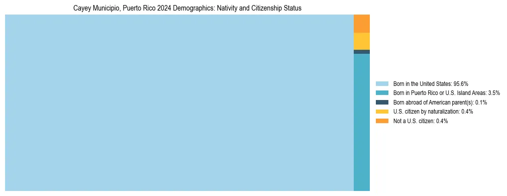 Treemap showing the population distribution by nativity and citizenship status in Cayey Municipio, Puerto Rico based on U.S. Census data.