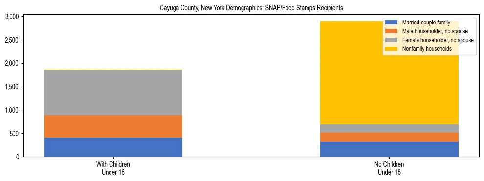 Stacked bar chart showing SNAP/Food Stamps recipient household composition by presence of children under 18 in Cayuga County, New York, based on 2023 ACS data.