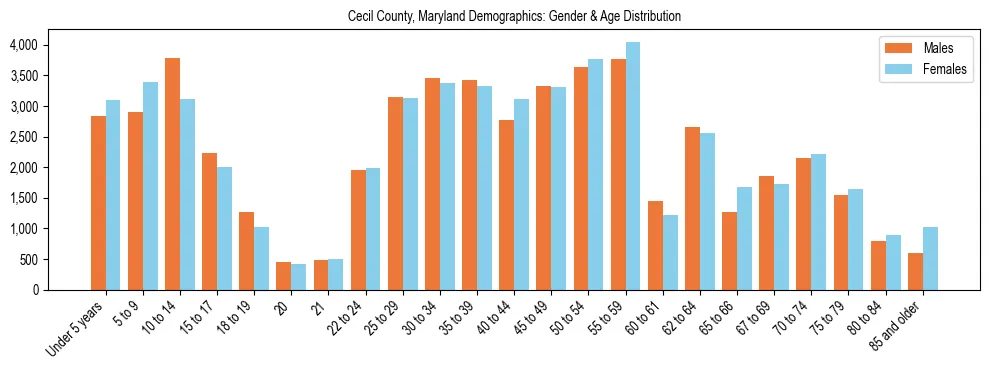 Bar chart showing the population distribution of Cecil County, Maryland by age group and gender, based on 2023 ACS data.