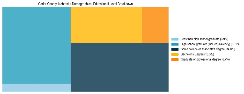 Treemap chart illustrating the educational attainment breakdown for population 25 years and over in Cedar County, Nebraska.