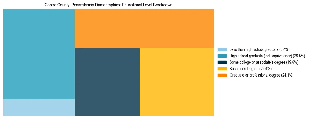 Treemap chart illustrating the educational attainment breakdown for population 25 years and over in Centre County, Pennsylvania.