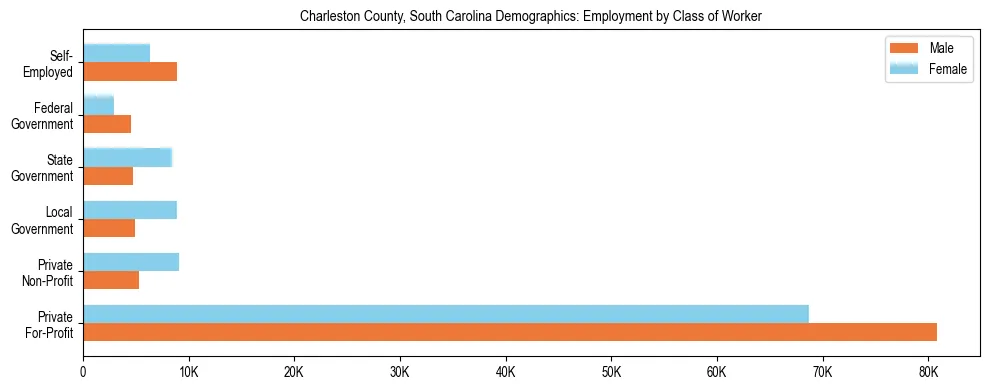 Horizontal bar chart showing employment distribution by class of worker and gender in Charleston County, South Carolina, based on 2023 ACS data.