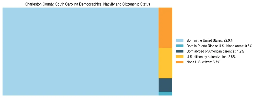 Treemap showing the population distribution by nativity and citizenship status in Charleston County, South Carolina based on U.S. Census data.