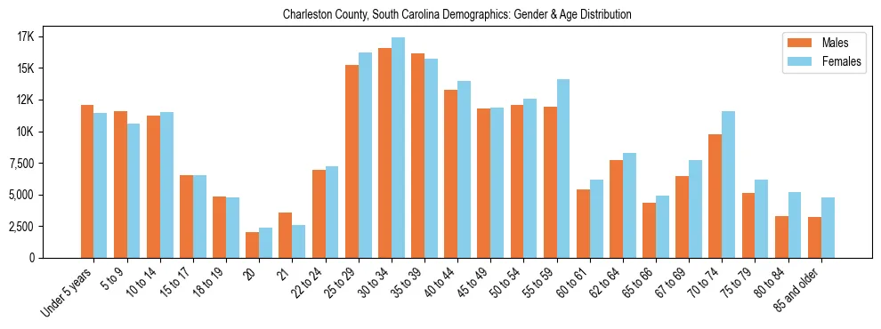 Bar chart showing the population distribution of Charleston County, South Carolina by age group and gender, based on 2023 ACS data.