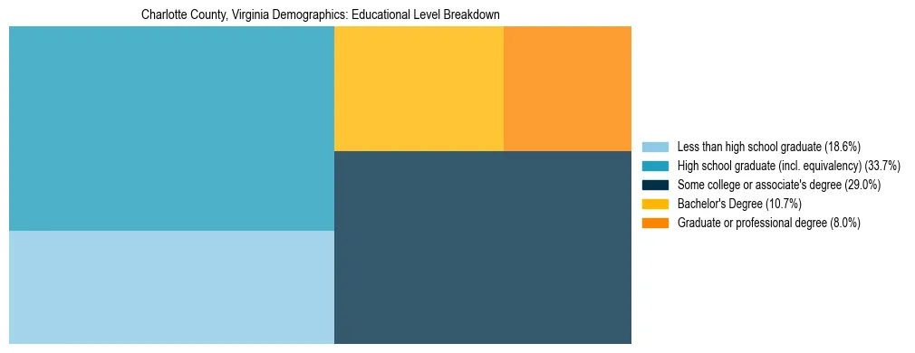 Treemap chart illustrating the educational attainment breakdown for population 25 years and over in Charlotte County, Virginia.