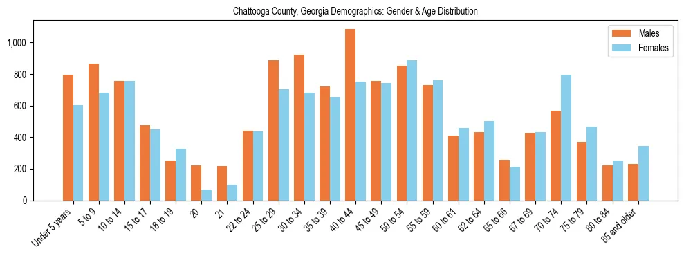 Bar chart showing the population distribution of Chattooga County, Georgia by age group and gender, based on 2023 ACS data.