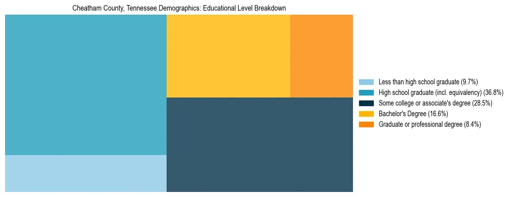 Treemap chart illustrating the educational attainment breakdown for population 25 years and over in Cheatham County, Tennessee.