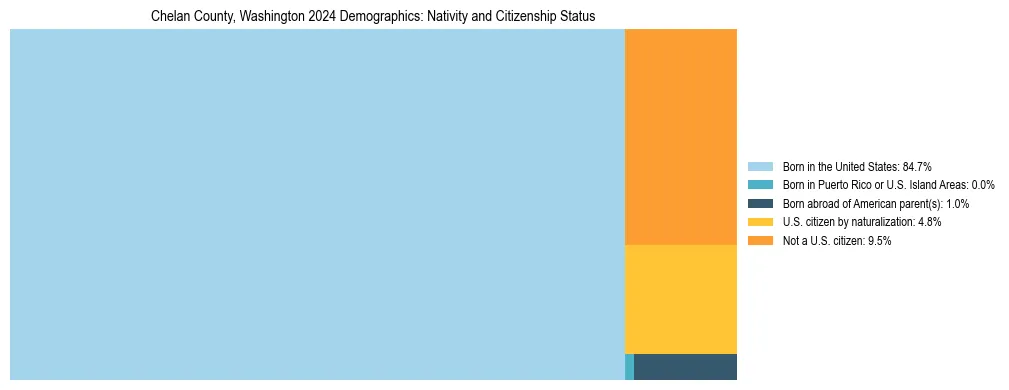 Treemap showing the population distribution by nativity and citizenship status in Chelan County, Washington based on U.S. Census data.