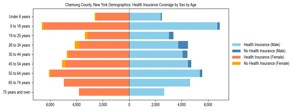 Pyramid chart showing health insurance coverage by age and sex in Chemung County, New York.