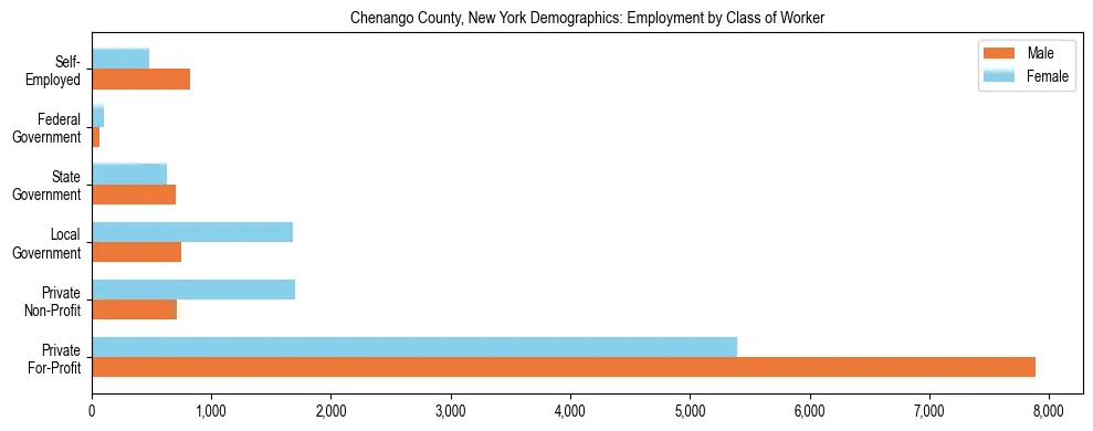Horizontal bar chart showing employment distribution by class of worker and gender in Chenango County, New York, based on 2023 ACS data.