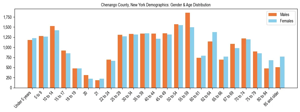 Bar chart showing the population distribution of Chenango County, New York by age group and gender, based on 2023 ACS data.