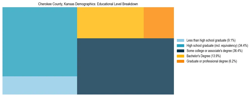 Treemap chart illustrating the educational attainment breakdown for population 25 years and over in Cherokee County, Kansas.