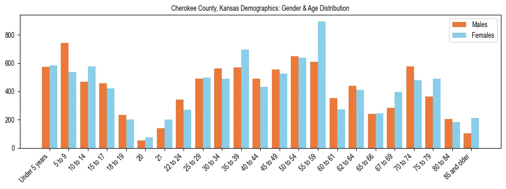 Bar chart showing the population distribution of Cherokee County, Kansas by age group and gender, based on 2023 ACS data.