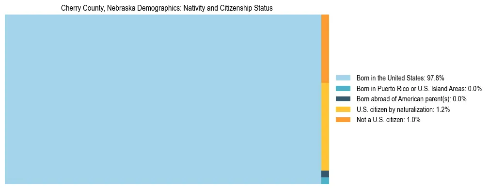 Treemap showing the population distribution by nativity and citizenship status in Cherry County, Nebraska based on U.S. Census data.