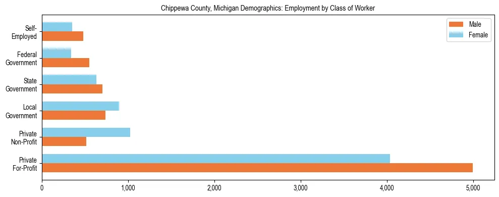 Horizontal bar chart showing employment distribution by class of worker and gender in Chippewa County, Michigan, based on 2023 ACS data.