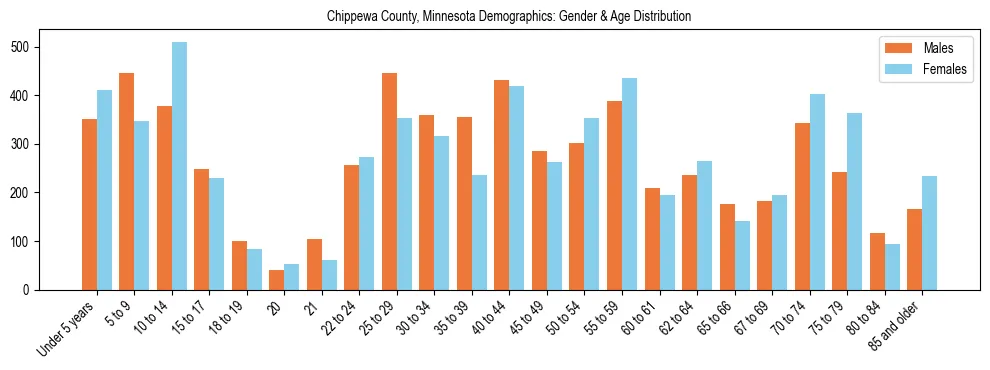 Bar chart showing the population distribution of Chippewa County, Minnesota by age group and gender, based on 2023 ACS data.