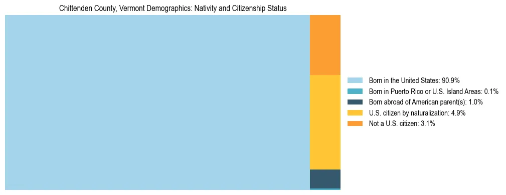 Treemap showing the population distribution by nativity and citizenship status in Chittenden County, Vermont based on U.S. Census data.