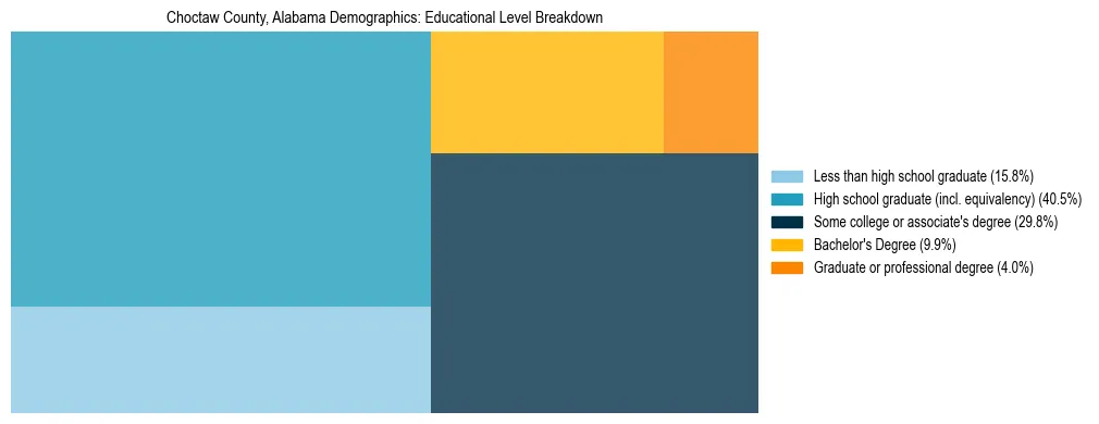 Treemap chart illustrating the educational attainment breakdown for population 25 years and over in Choctaw County, Alabama.