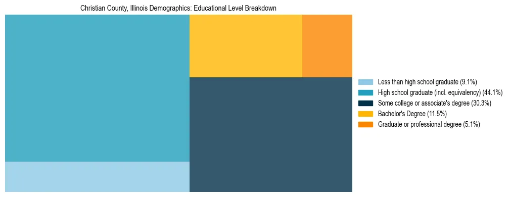 Treemap chart illustrating the educational attainment breakdown for population 25 years and over in Christian County, Illinois.