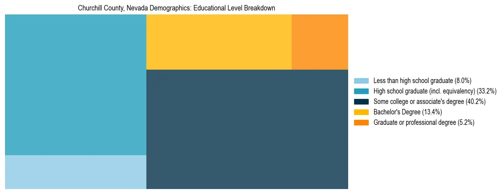 Treemap chart illustrating the educational attainment breakdown for population 25 years and over in Churchill County, Nevada.