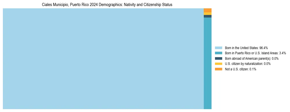 Treemap showing the population distribution by nativity and citizenship status in Ciales Municipio, Puerto Rico based on U.S. Census data.