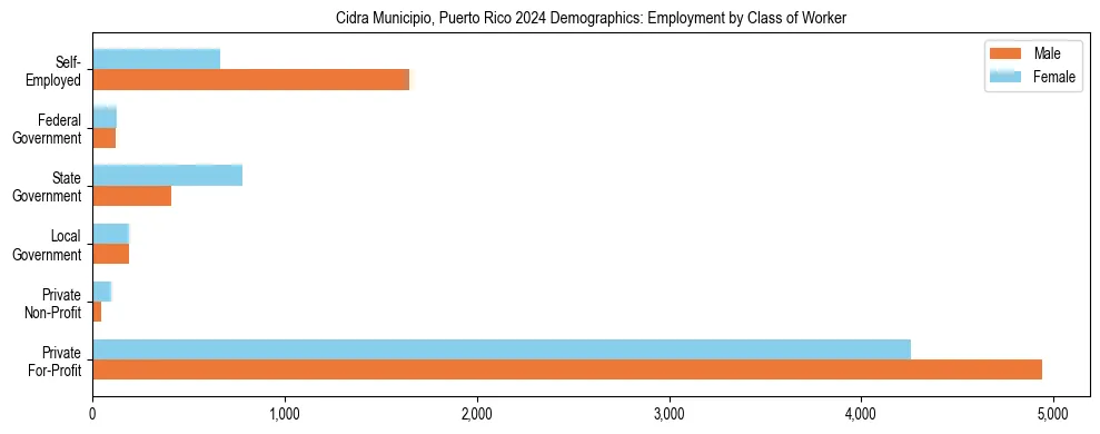 Horizontal bar chart showing employment distribution by class of worker and gender in Cidra Municipio, Puerto Rico, based on 2023 ACS data.