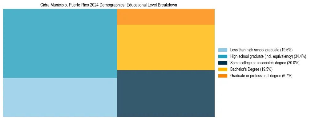 Treemap chart illustrating the educational attainment breakdown for population 25 years and over in Cidra Municipio, Puerto Rico.