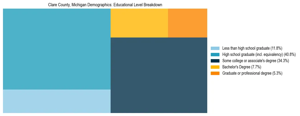Treemap chart illustrating the educational attainment breakdown for population 25 years and over in Clare County, Michigan.